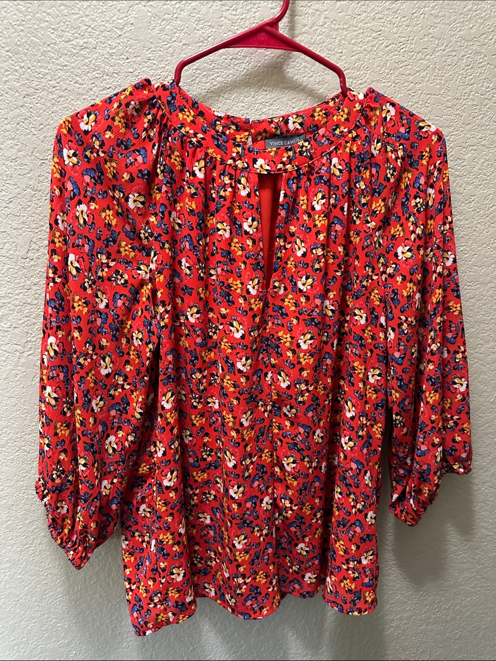 Vince Camuto Bright Red Floral Keyhole Blouse